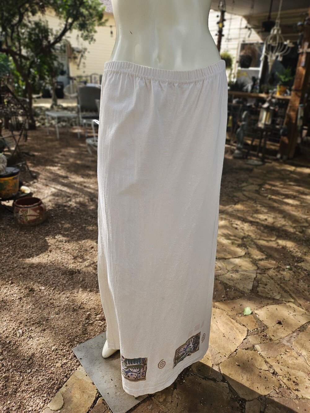 Vintage Blue Fish White Cotton Hand Painted Maxi Skirt See Measure Some Stains